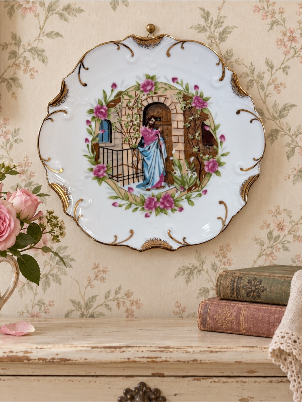 Vintage Jesus at the Door Porcelain Wall Plate 18K Gold Trim Made in Japan